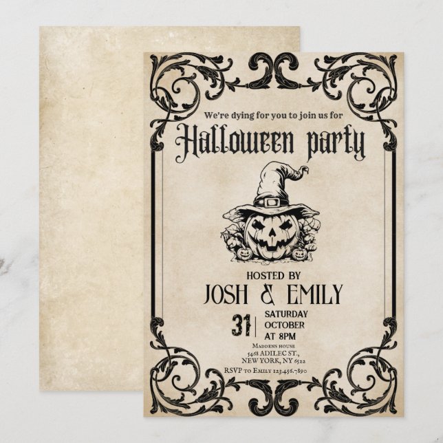 Invitation Vintage Halloween Citrouille adulte (Devant / Derrière)