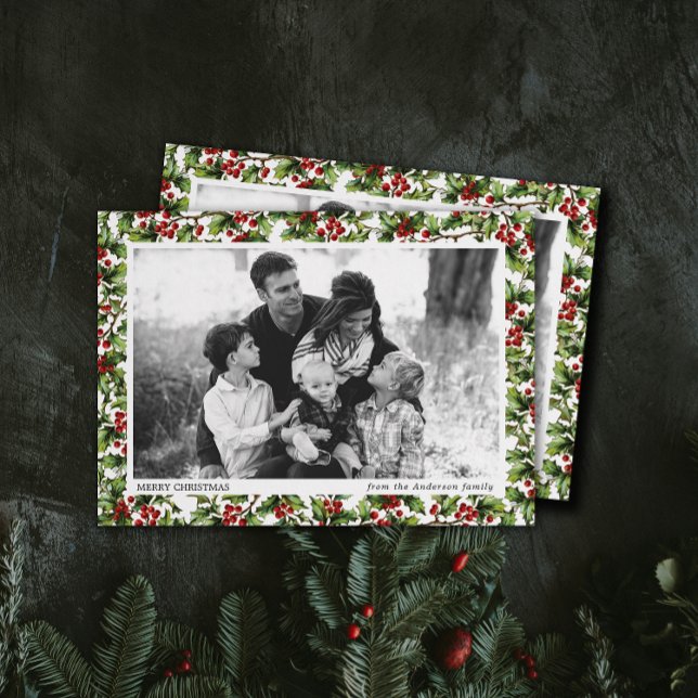 Invitation Vintage Holly cadre photo Noël (one photo Christmas holiday cards with vintage holly berry patterned border frame )