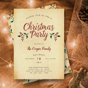 Invitation vintage Holly Christmas Party