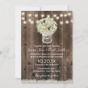 Invitation Vintage Hydrangea Floral Jar Barn Mariage en bois