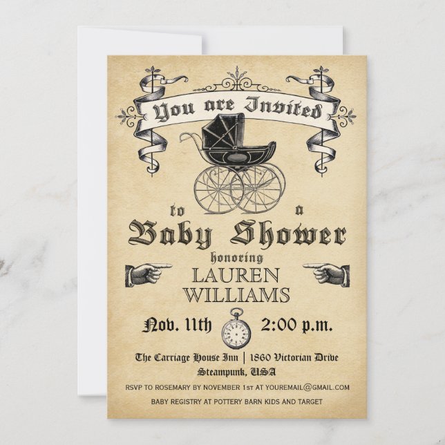 Invitation vintage II de baby shower (Devant)
