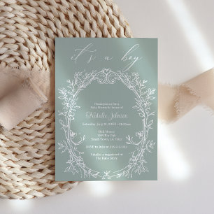Invitation Vintage intemporel Floral Green Boy Baby shower