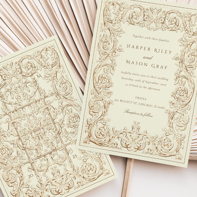 Invitation Vintage ivoire Brown Mariage orné (Créateur téléchargé)