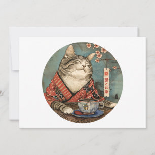 Invitation Vintage japonais art chat heureux avec une tasse d