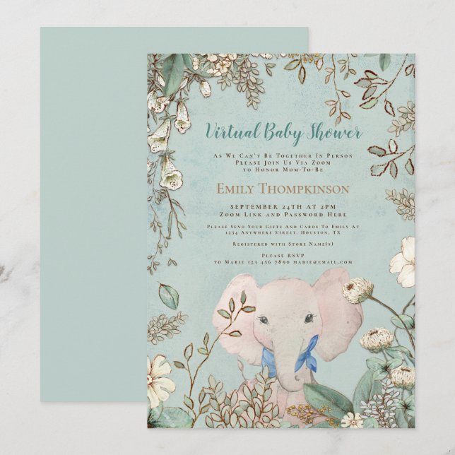 Invitation Vintage joli éléphant Baby shower virtuel vert (Devant / Derrière)