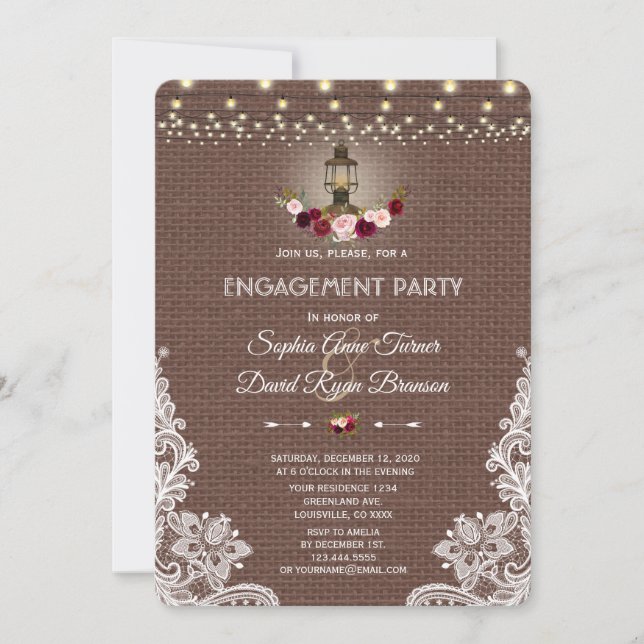 Invitation Vintage Lace Burlap Feux à cordes (Devant)