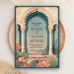 Invitation Vintage Lotus Floral Arch Indien QR Code Mariage