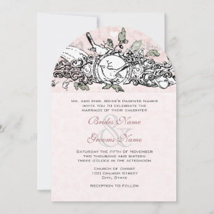 Invitation Vintage Lovebird Pink Musical Scroll Mariage