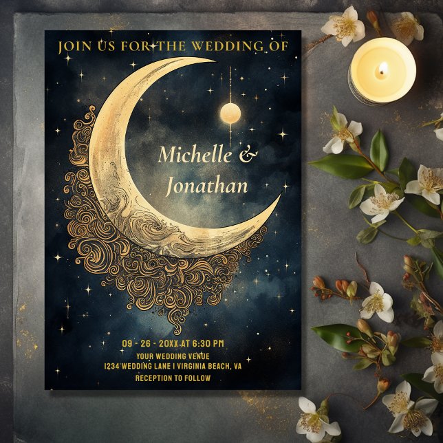 Invitation Vintage Lune, soleil et étoiles Mariage céleste (Front - Vintage Moon, Sun and Stars Celestial Wedding Invitation)