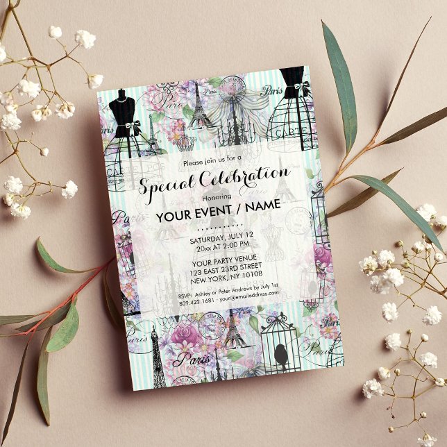 Invitation Vintage mannequin de la Tour Eiffel collage floral (Vintage Eiffel Tower mannequin floral collage )