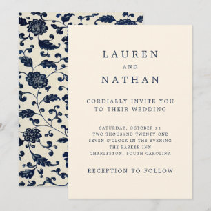 Invitation Vintage Mariage Floral   Marine et Crème