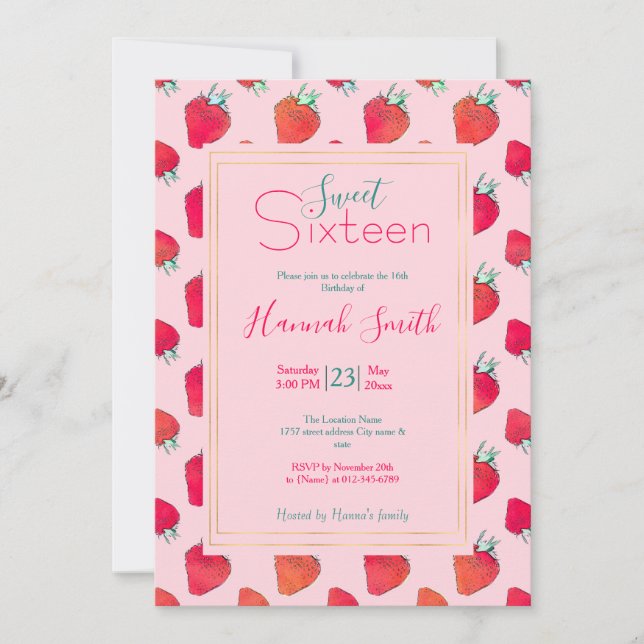 Invitation Vintage mignonne fraises rouges Fille rose Motif (Devant)