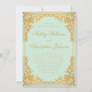 Invitation Vintage Mint Faux Gold Ornate Script Green Mariage