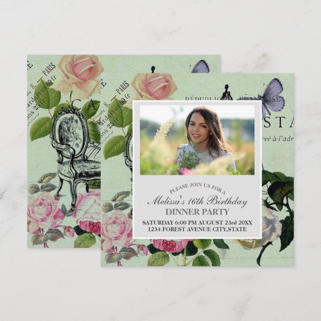 Invitation Vintage Monnaie French Rose Paris (Devant / Derrière)