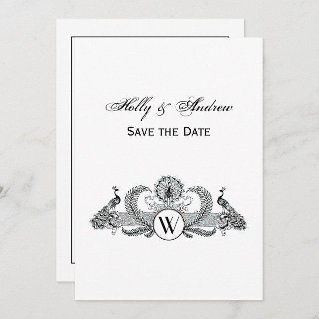 Invitation Vintage Monogramme Paons (Devant / Derrière)