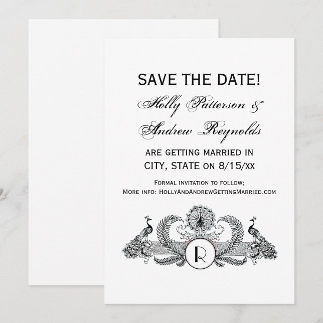 Invitation Vintage Monogramme Paons (Devant / Derrière)