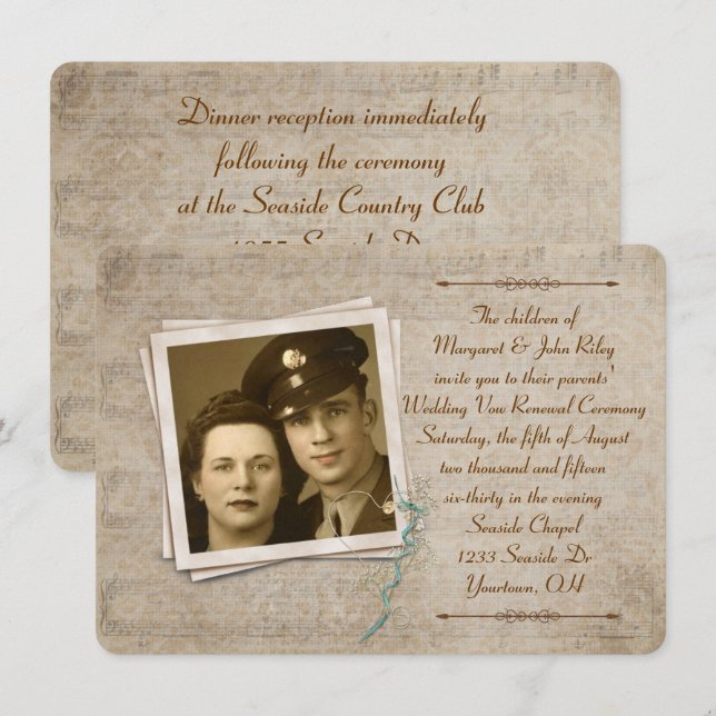 Invitation Vintage Music Mariage Vow Renouvellement (Devant / Derrière)