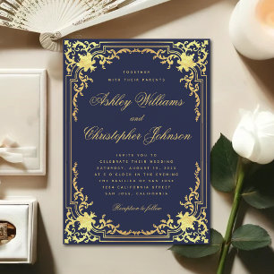 Invitation Vintage Navy Blue Faux Gold Elegant Script Mariage