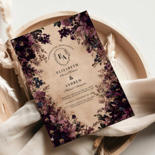Invitation Vintage noir et violet Mariage floral