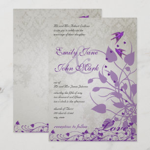 Invitation Vintage Oiseaux pourpres Coeurs Mariage invite