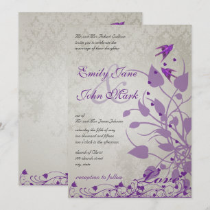 Invitation Vintage Oiseaux pourpres Coeurs Mariage invite