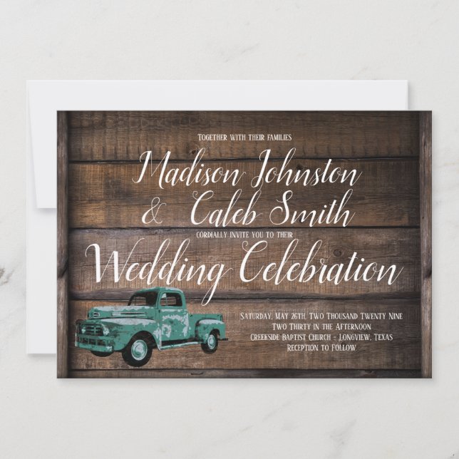 Invitation Vintage Old Truck Rustic Barn Wood Mariage (Devant)