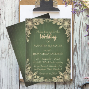 Invitation Vintage Olive Green Style Mariage à fleurs or