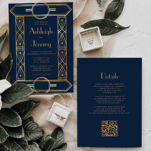 Invitation Vintage or Décor Cadre Marine bleu QR Code Mariage
