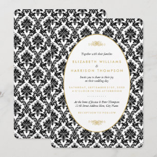 Invitation Vintage or, noir et blanc Mariage damassé