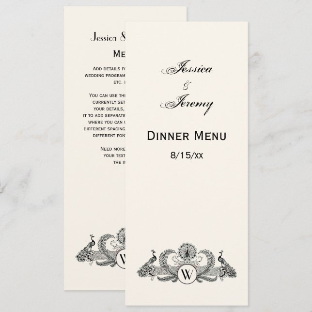 Invitation Vintage Paons Monogramme Ivoire BG (Devant / Derrière)