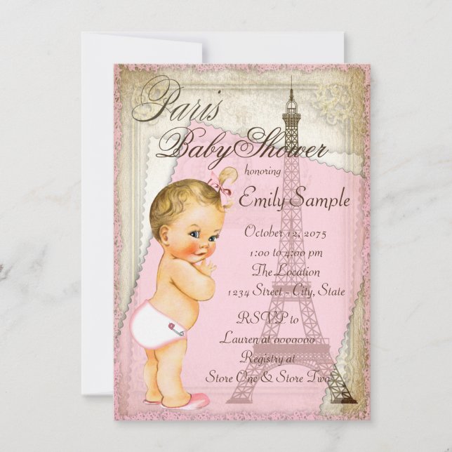 Invitation Vintage Paris Baby Girl Douche (Devant)