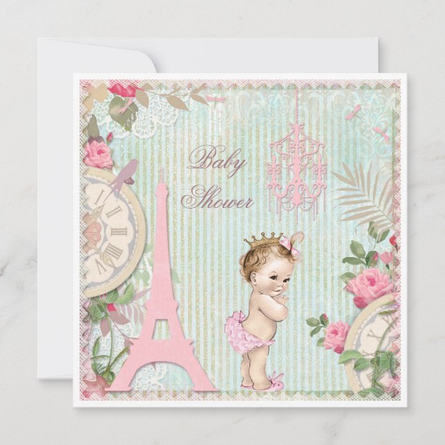 Invitation Vintage Paris Princesse Shabby Baby shower chic (Devant)