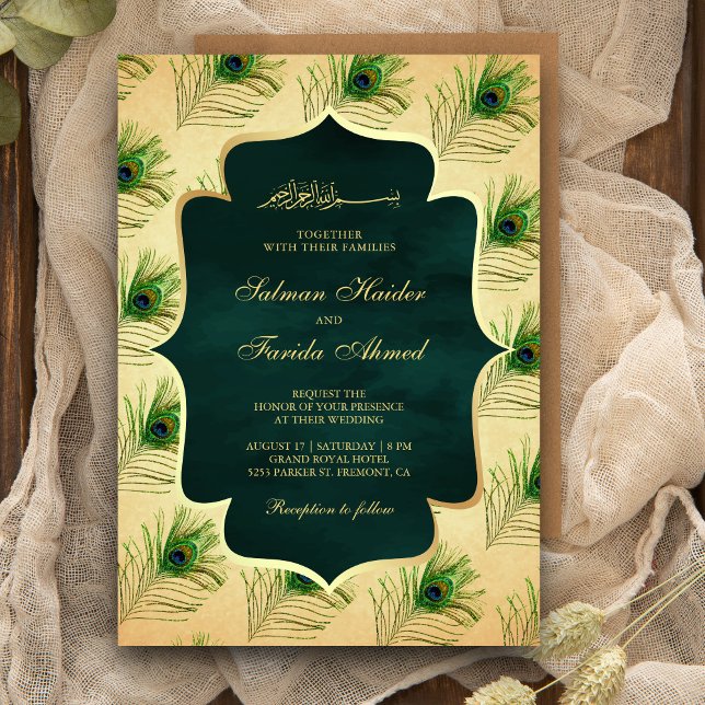 Invitation Vintage Peacock Feathers Mariage musulman (Créateur téléchargé)