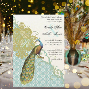 Invitation Vintage Peacock Lagoon Endive Mariage damassé