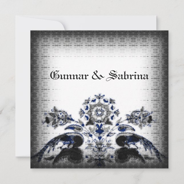 Invitation Vintage Peacocks & Floral Blue Goth Mariage (Devant)