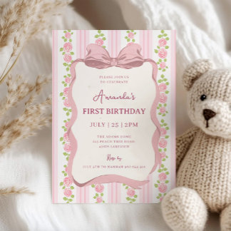 Invitation Vintage Pink Bow Floral Coquette 1st Birthday