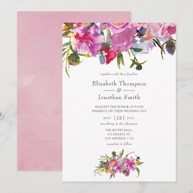 Invitation Vintage Pink Peonies Mariage d'aquarelle (Devant / Derrière)