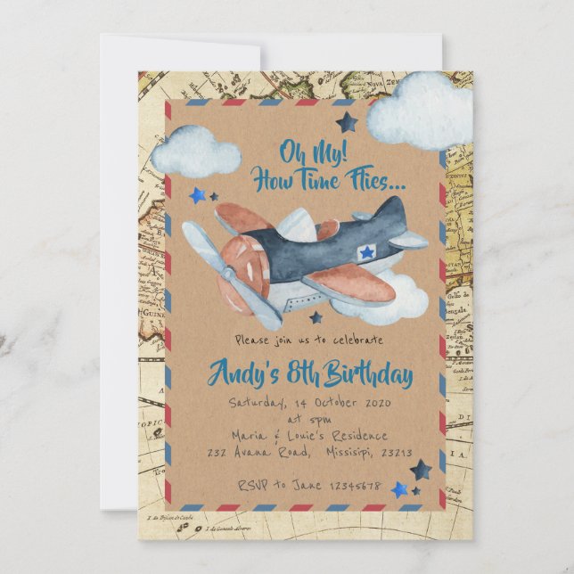 Invitation Vintage pour l'anniversaire d'un avion (Devant)