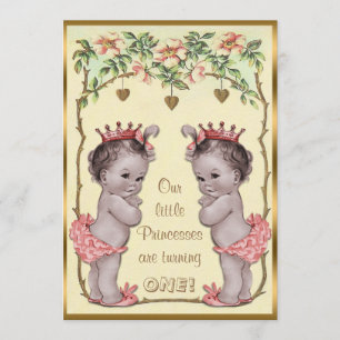 Invitation Vintage Princess Twins Anniversaire Roses & Coeurs