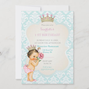 Invitation Vintage Princesse Bébé Fille Gold Couronne Aqua ro