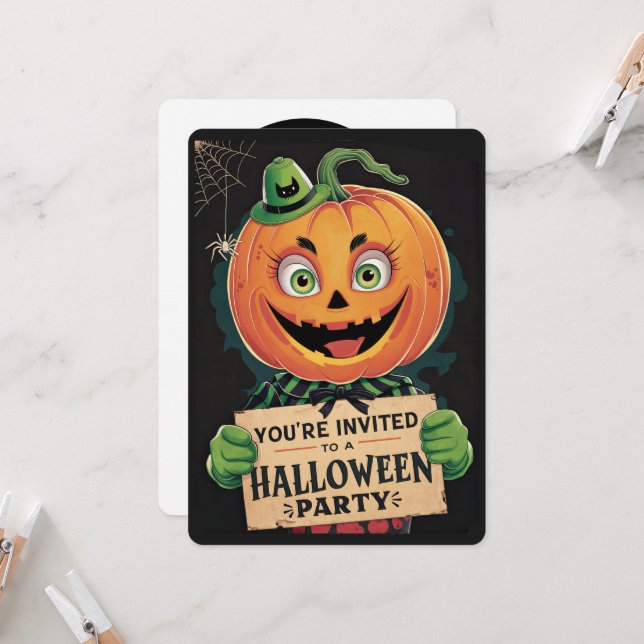 Invitation Vintage Pumkin Head Halloween (Devant/Arrière en situation)