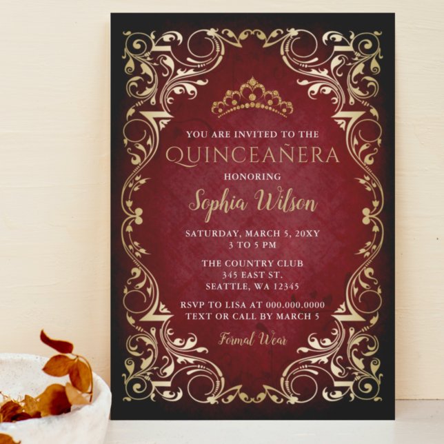 Invitation Vintage Red Gold Princess Tiara Quinceañera (Créateur téléchargé)