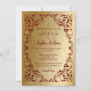 Invitation Vintage Red Gold Princess Tiara Sweet 16 Invitati