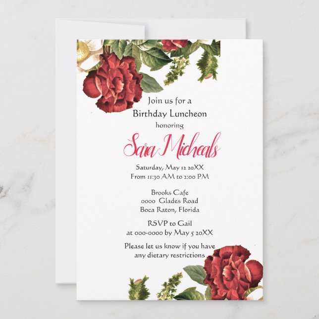 Invitation Vintage Red Rose Anniversaire Déjeuner (Devant)