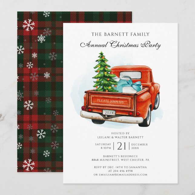 Invitation Vintage Red Truck Business Noël (Devant / Derrière)