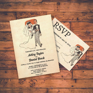 Invitation Vintage Retro Old Rustic Couple Comic Mariage de l