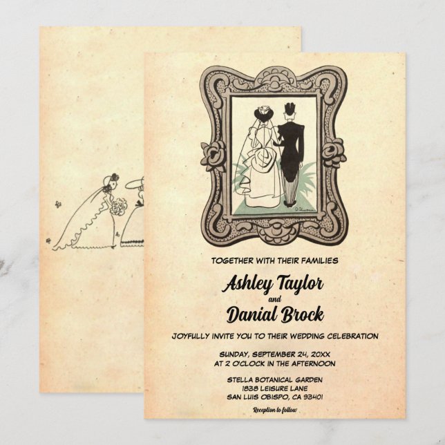 Invitation Vintage Retro Old Style Couple Comic Mariage de li (Devant / Derrière)
