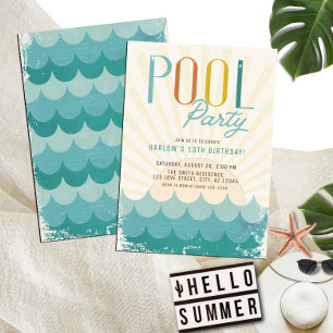 Invitation Vintage Retro Sun & Waves Pool Party Anniversaire
