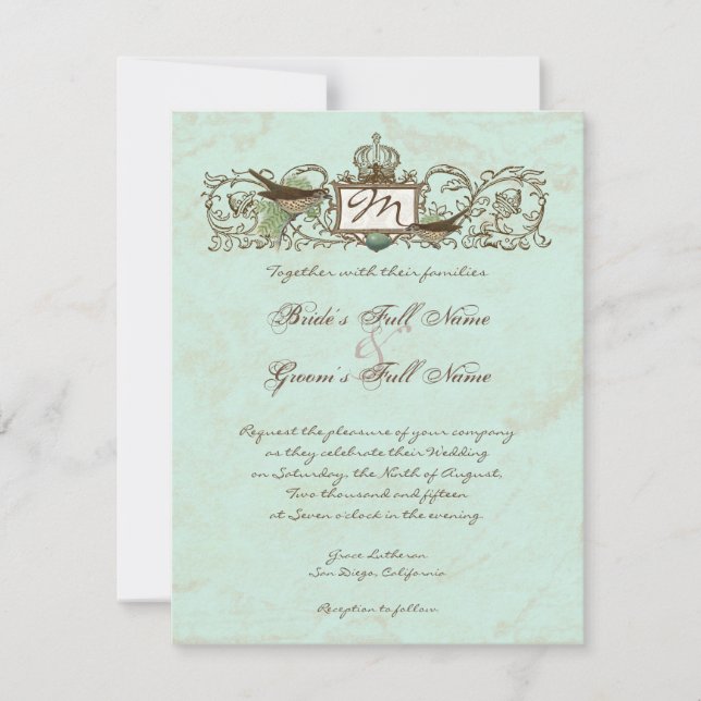 Invitation Vintage Robins Oeuf Bleu Couronne Flourissent (Devant)