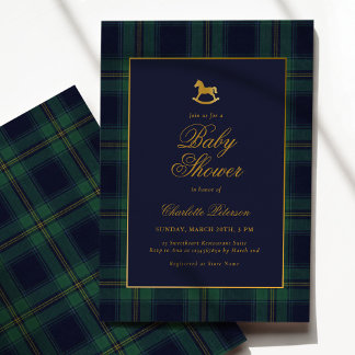 Invitation Vintage Rocking Horse Plaid Baby Shower